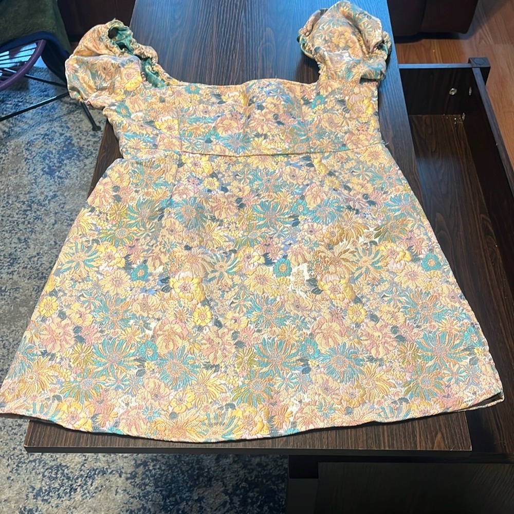 SHEIN MOD Floral Jacquard Puff Sleeve Mini Dress Women's Size XL